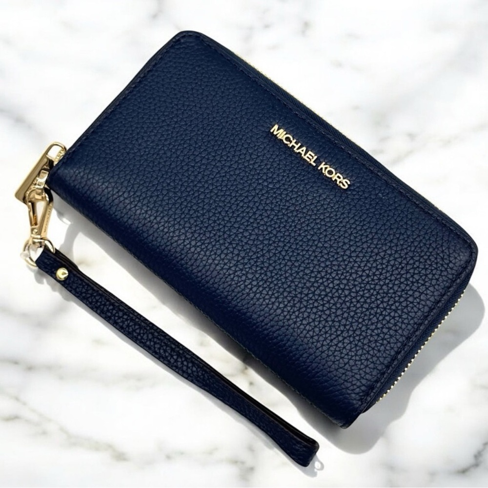 Michael Kors Large Jet Set Travel Flat MF Phone Case Wallet Navy Blue - Picture 6 of 8